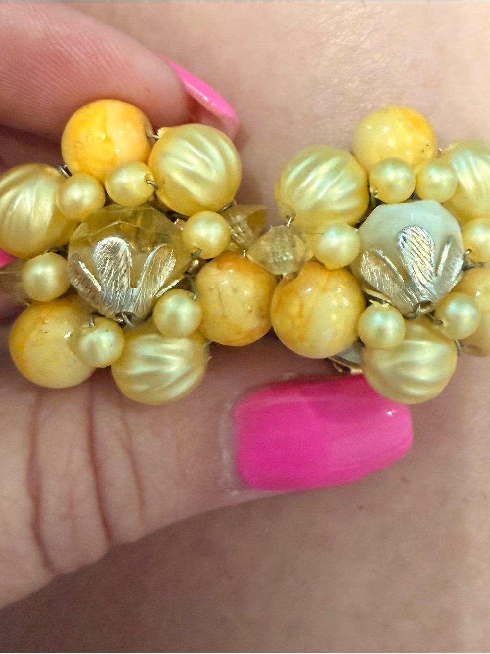 Vintage Yellow Cluster Clip On Bead Statement Earrings - from Hong Kong